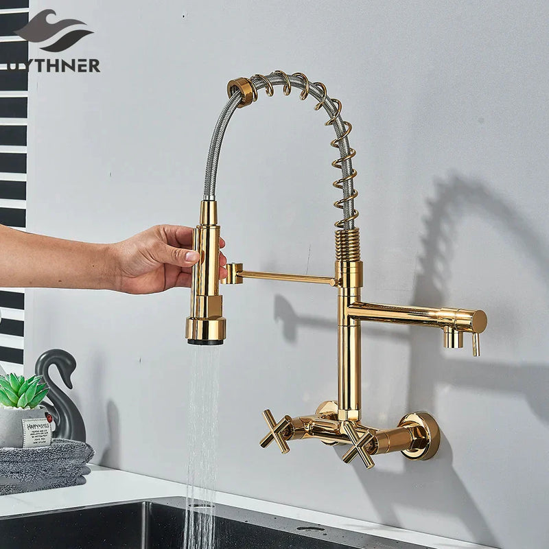 ™ Gold Black Kitchen Faucet Wall Mount Pull Down Tap Dual Swivel Spouts