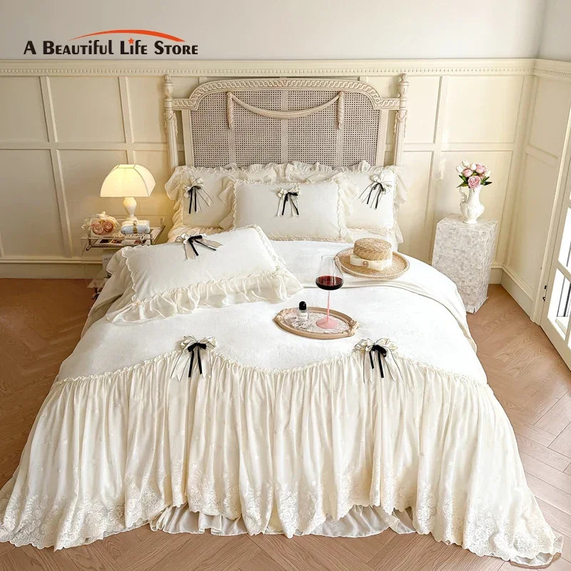 ™ Lace Ruffles Princess Bedding Set, Velvet Duvet Cover, Plush Bed Sheet, Pillowcases