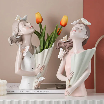 DecorBites™ Butterfly Girl Sculpture Vase Set - Modern Decorative Resin Flower Ornaments