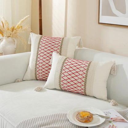 DecorBites™ Linen Stripe Diamond Woven Cushion Cover 45x45cm with Tassels