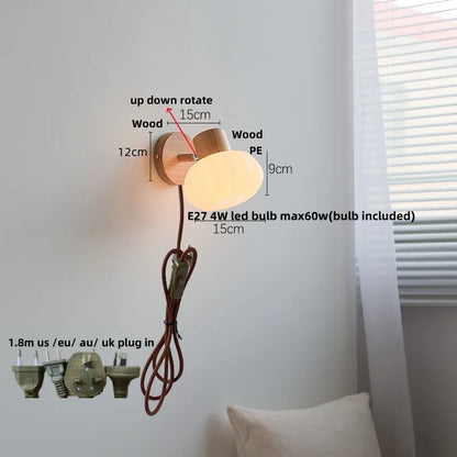 DecorBites™ Amber Glass LED Wall Sconce Nordic Modern Wood Pull Chain Switch Stair Light