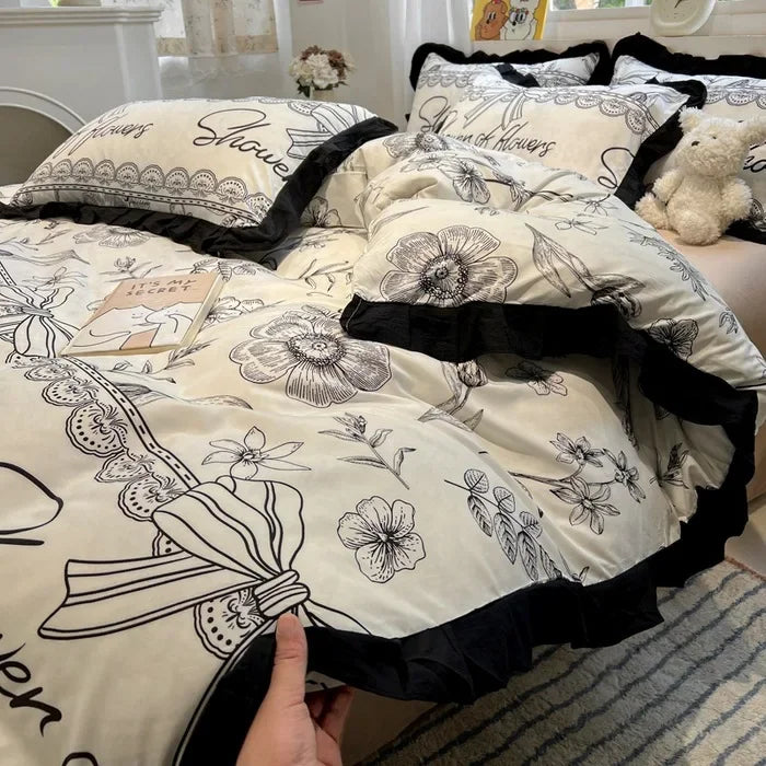 DecorBites™ Black White Printed Bed Skirt Bedding Set - Cozy Skin Friendly Linens