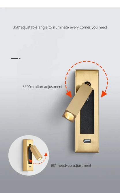 DecorBites™ Black Brass Wall Sconce with USB Port and Switch, 3W Spotlight for Bedroom