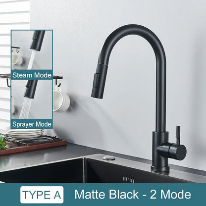 DecorBites™ Black Kitchen Faucet: Single Handle Pull Out Mixer, Two Function Hot and Cold Water Taps