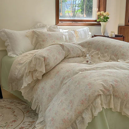 DecorBites™ Elegant Floral Lace Ruffles Bedding Set with Double Yarn - Soft Cotton Blend