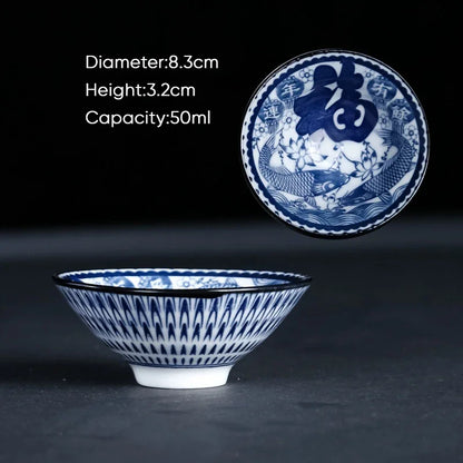DecorBites™ Blue & White Ceramic Kung Fu Tea Cup, Japanese Style Porcelain Sake Espresso Mug