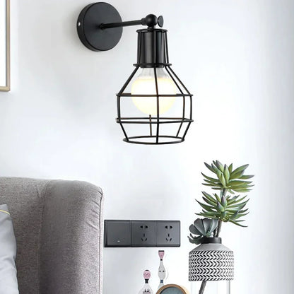 DecorBites™ Black Iron Cage Wall Lamp: Retro Indoor Sconce for Bedroom, Bar, and Reading
