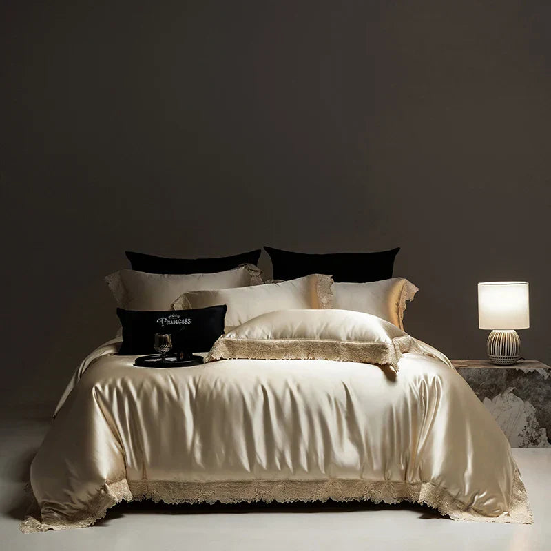 DecorBites™ Luxe French Lace Edge Bedding Set: Silky Lyocell Cotton Duvet Cover, Sheet & Pillowcases