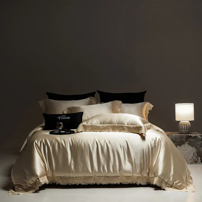 DecorBites™ Luxe French Lace Edge Bedding Set: Silky Lyocell Cotton Duvet Cover, Sheet & Pillowcases