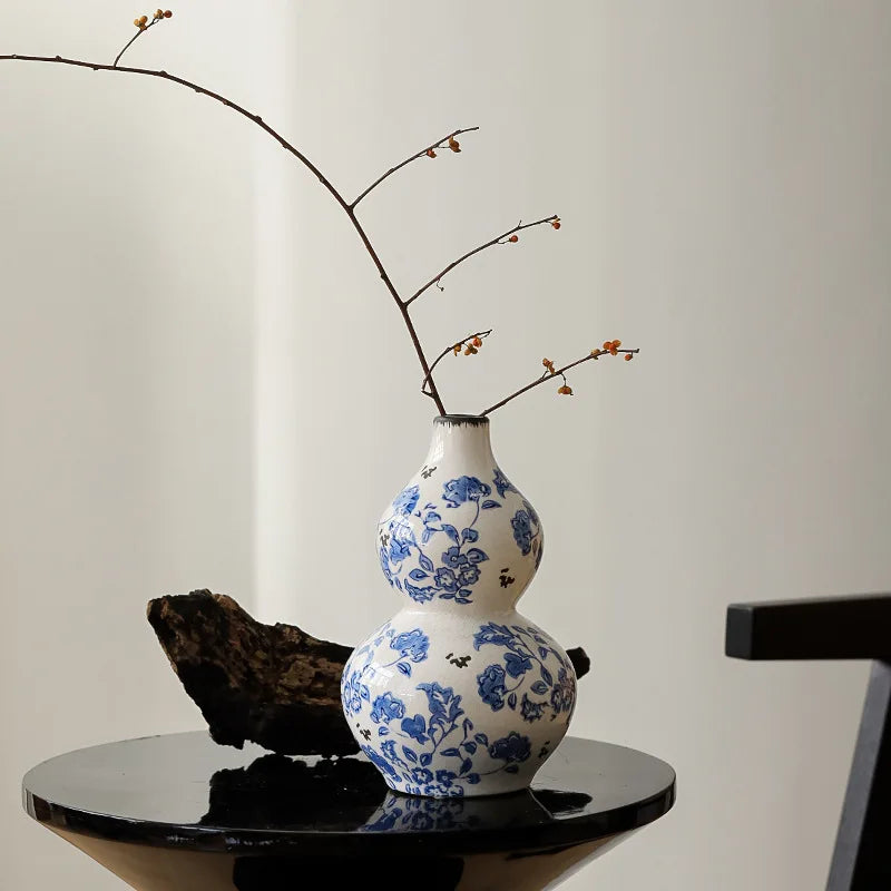 DecorBites™ Blue & White Porcelain Gourd Teapot Vase - Chinese Retro Flower Arrangement Accessories