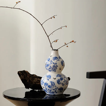 DecorBites™ Blue & White Porcelain Gourd Teapot Vase - Chinese Retro Flower Arrangement Accessories