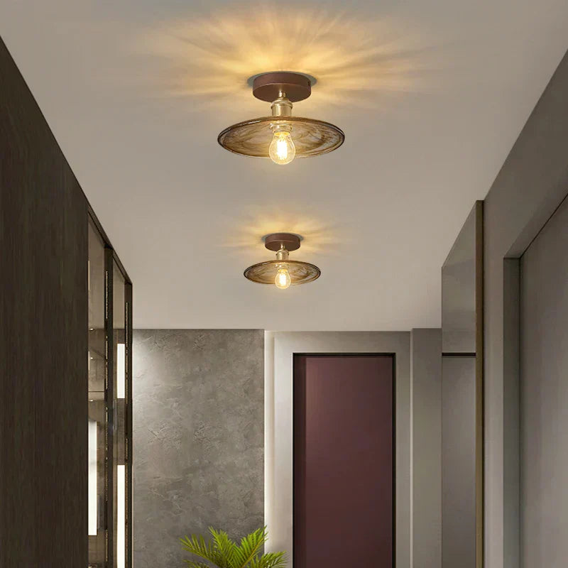 DecorBites™ Amber Glass LED Ceiling Light: Modern Aluminum Wood Kitchen Balcony Room Lamp