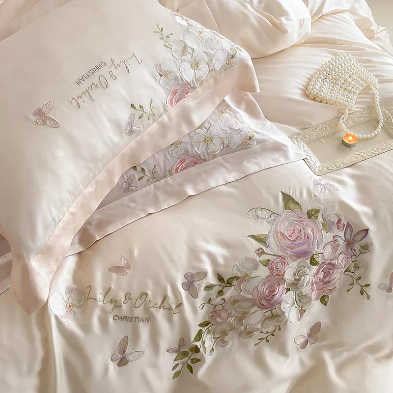 DecorBites™ Butterfly Flowers Embroidery Bedding Set 800TC Soft Silky Duvet Cover Set
