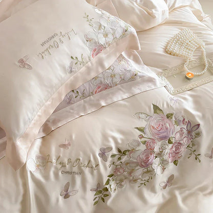 DecorBites™ Butterfly Flowers Embroidery Bedding Set 800TC Soft Silky Duvet Cover Set