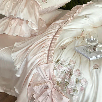 DecorBites™ French Bow Ruffle Flower Embroidery Bedding Set - Luxury Lyocell Cotton