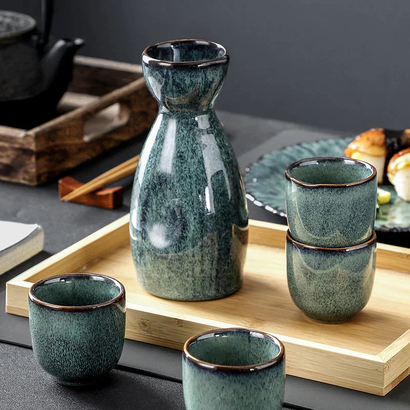 DecorBites™ Japanese Vintage Pottery Wine Set | Sake & Shochu Pot Commercial Dispenser
