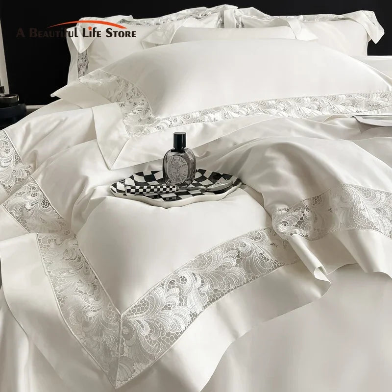 DecorBites™ Lace Embroidery 1200TC Egyptian Cotton 4Pcs Bedding Set with Wide Hollow Design