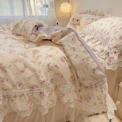 DecorBites™ Korean Princess Style Floral Lace Ruffles Bedding Set with Pillowcase