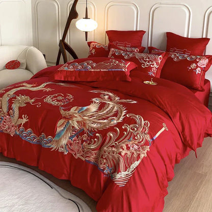 DecorBites™ Gold Loong Phoenix Embroidery Queen Bedding Set, Luxurious Brushed 4Pcs Set