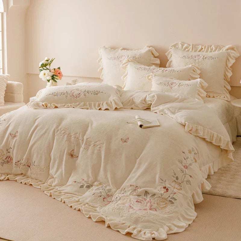 DecorBites™ Butterflies & Flowers Embroidery Ruffles Princess Bedding Set - 4Pcs