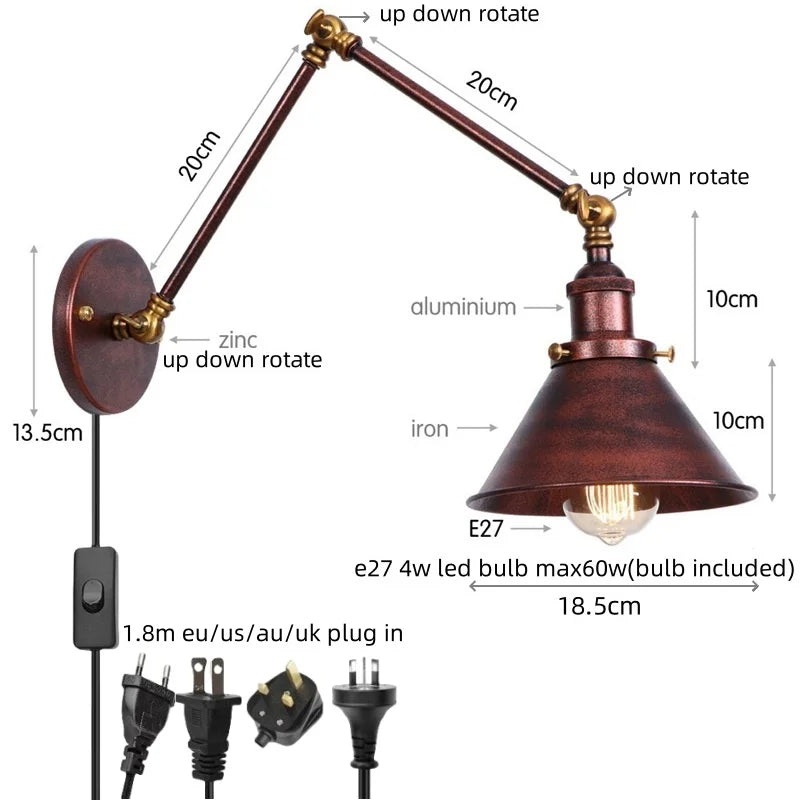 DecorBites™ Gold Long Arm LED Wall Sconce with Pull Chain Switch, Adjustable Industrial Bedside Lamp