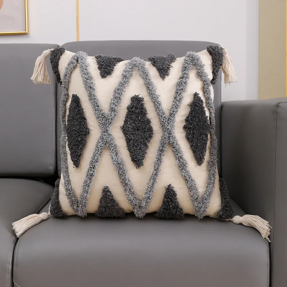 DecorBites™ Bohemian Tufted Tassel Cushion Cover | Plush Embroidered Decorative Pillow for Sofa