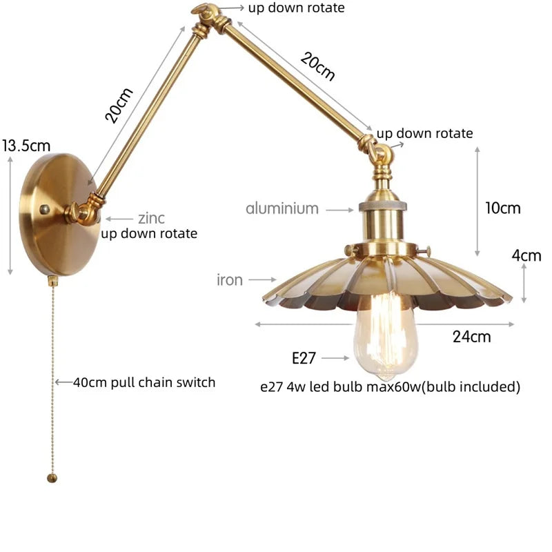 DecorBites™ Gold Industrial LED Wall Lamp with Pull Chain Switch for Home Decor