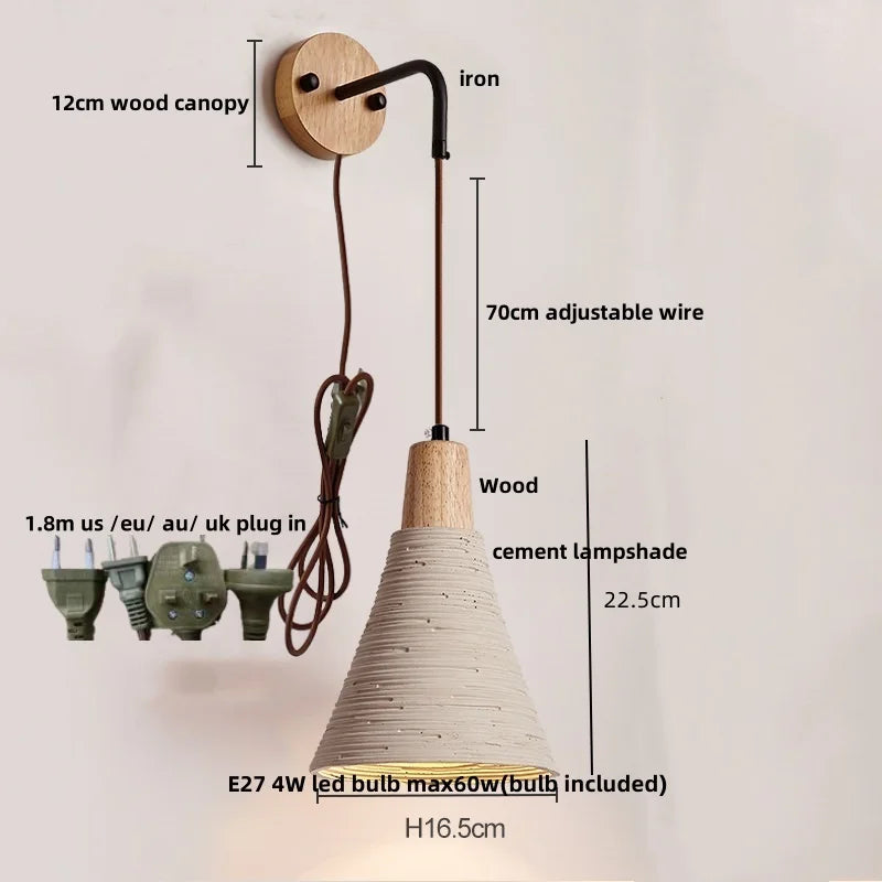 DecorBites™ LED Cement Wall Light with Pull Chain & Wood Socket - Nordic Modern Sconce