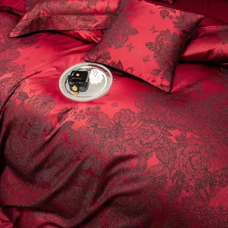 DecorBites™ Burgundy Red Luxury Jacquard Egyptian Cotton 5Pcs Bedding Set