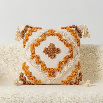 DecorBites™ Boho Square Pillowcase with Embroidery & Tassel Detail for Living Room Sofa