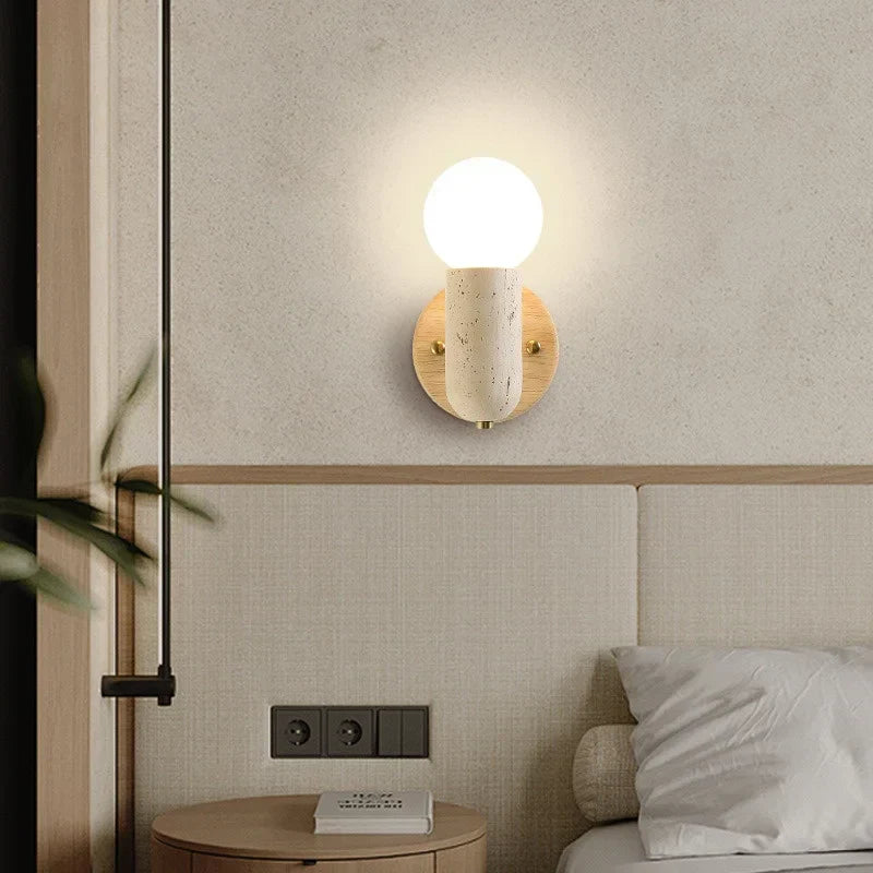 DecorBites™ LED Wall Sconce Pull Chain Switch Modern Wood Yellow Travertine Stair Light