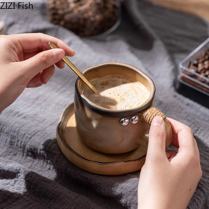 DecorBites™ Coarse Pottery Cup & Saucer Set - Classical Mugs for Dining Table or Coffee