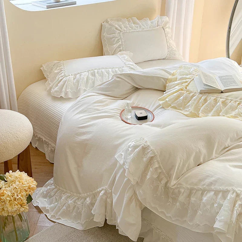 ™ Lace Ruffles Bedding Set in Pearl White Cream Yellow Princess Cotton