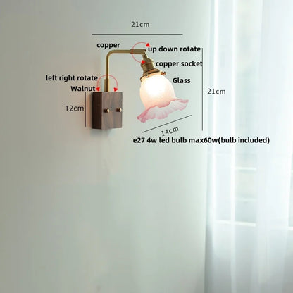 DecorBites™ Brass Walnut Wood LED Wall Sconce with Pull Chain Switch & Flower Glass