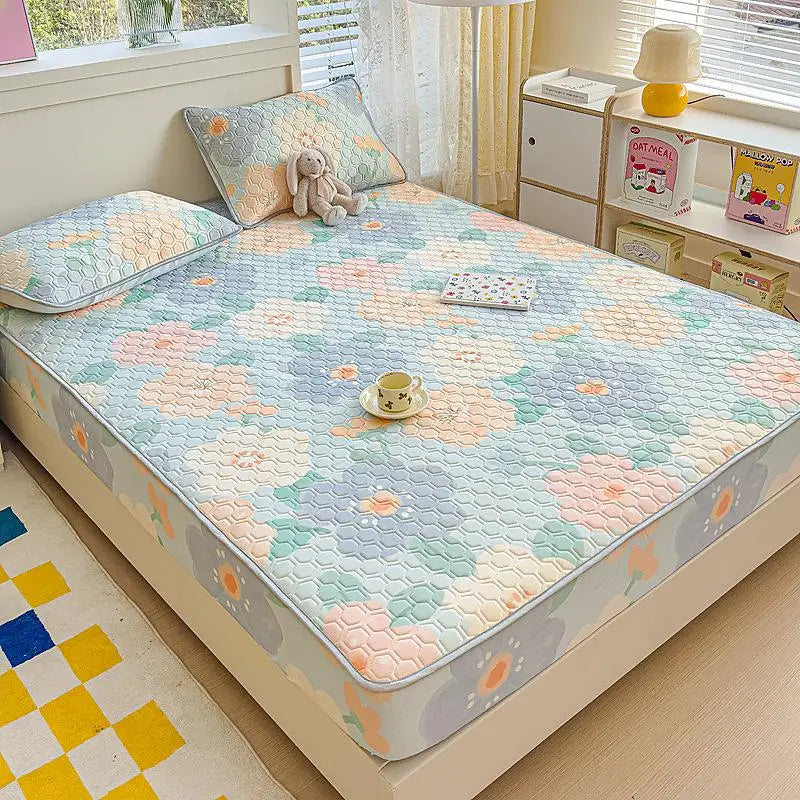 DecorBites™ Cool Silk Latex Fitted Sheet Set with Pillowcases, Summer Ice Silk, Single Double Bed