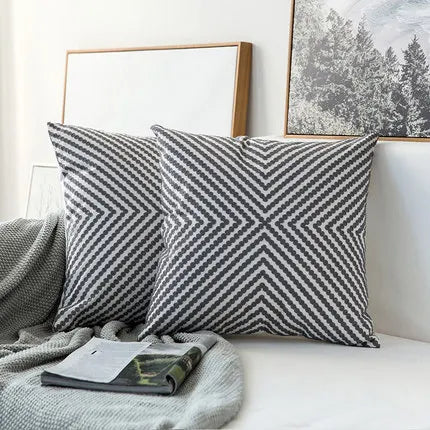 DecorBites™ Geometric Embroidered Cushion Cover in Grey Canvas Cotton 45x45cm