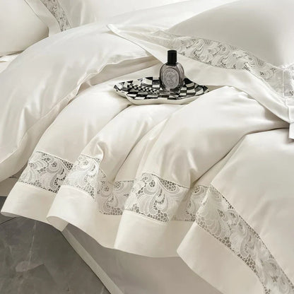 DecorBites™ Lace Embroidery 1200TC Egyptian Cotton 4Pcs Bedding Set with Wide Hollow Design