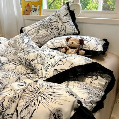 DecorBites™ Black White Printed Bed Skirt Bedding Set - Cozy Skin Friendly Linens