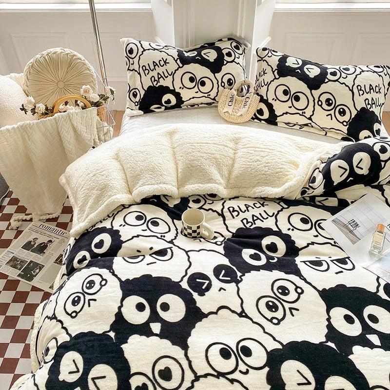 DecorBites™ Cartoon Print Cozy Blanket - Milk Velvet & Cashmere - Winter/Spring Duvet Cover