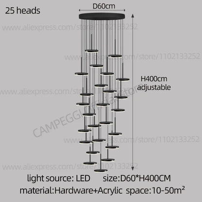 DecorBites™ Golden Black LED Long Chandelier for Home, Restaurant, and Cafe