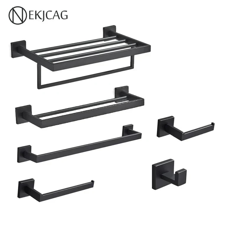 DecorBites™ Black Bathroom Set: Towel Holder, Paper Holder, Gold Rod, Robe Hook - Stainless Steel Accessories