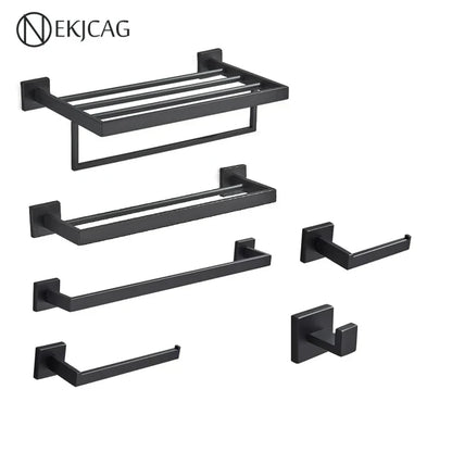 DecorBites™ Black Bathroom Set: Towel Holder, Paper Holder, Gold Rod, Robe Hook - Stainless Steel Accessories