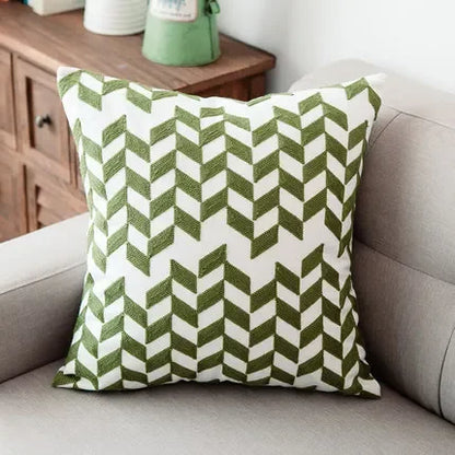 ™ Green Geometric Canvas Cotton Embroidered Cushion Cover 45x45cm