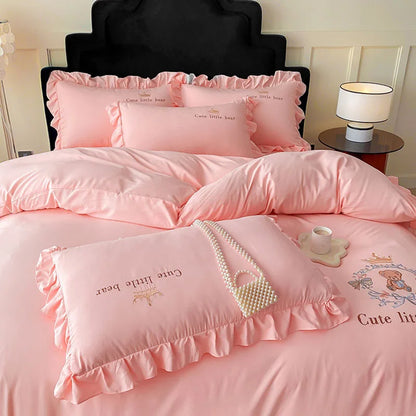 DecorBites™ French Embroidered Cotton Bed Skirt Set with Ruffled Edges