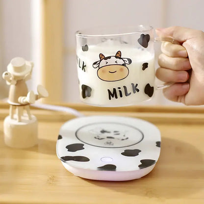DecorBites™ 13.5oz Cow Pattern Glass Mug with Spoon Lid for Student Dormitory