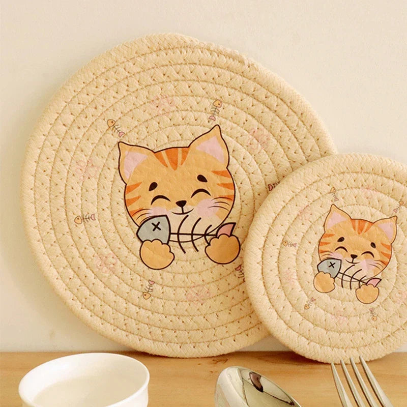 DecorBites™ Cat Print Round Woven Coaster Cup Mat Table Heat Insulation Pad