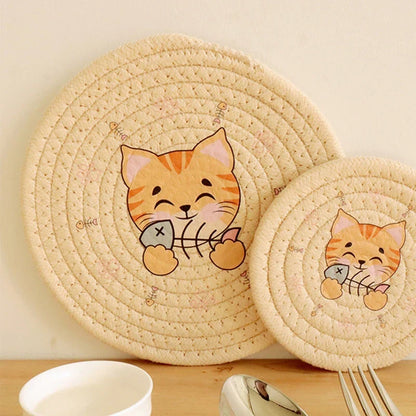 DecorBites™ Cat Print Round Woven Coaster Cup Mat Table Heat Insulation Pad
