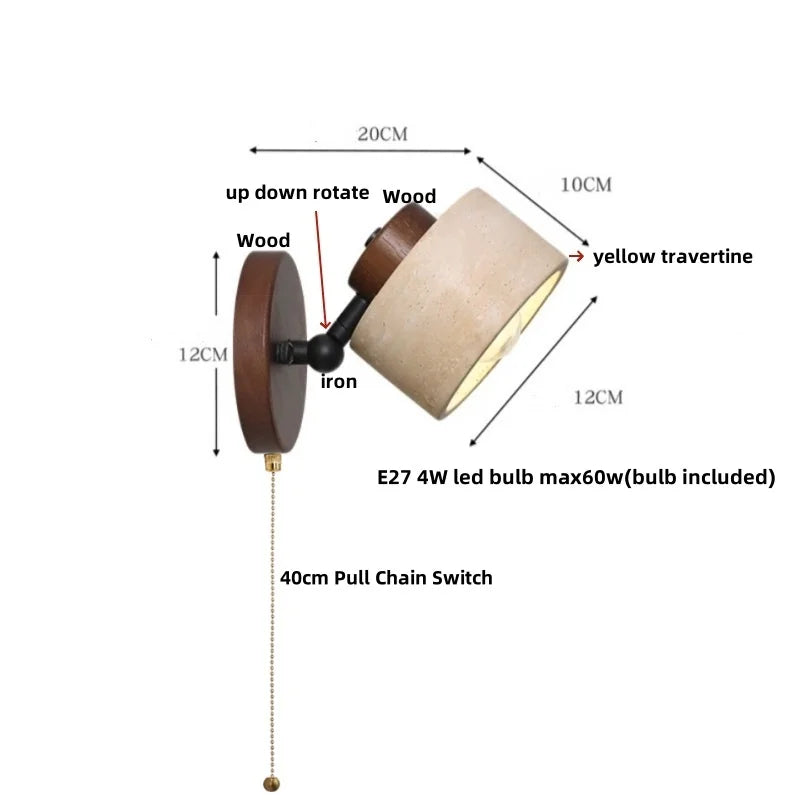 DecorBites™ LED Wall Sconce Iron Rotate Kitchen Bedroom Hallway Yellow Travertine Wood Mirror Light