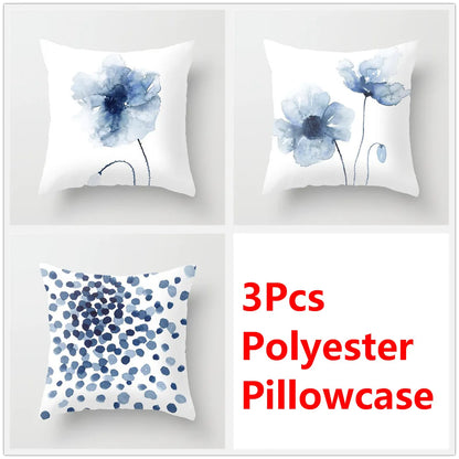 DecorBites™ Blue Ink Flower Cushion Cover Set - Nordic Style Sofa Pillowcase Trio for Home Decoration
