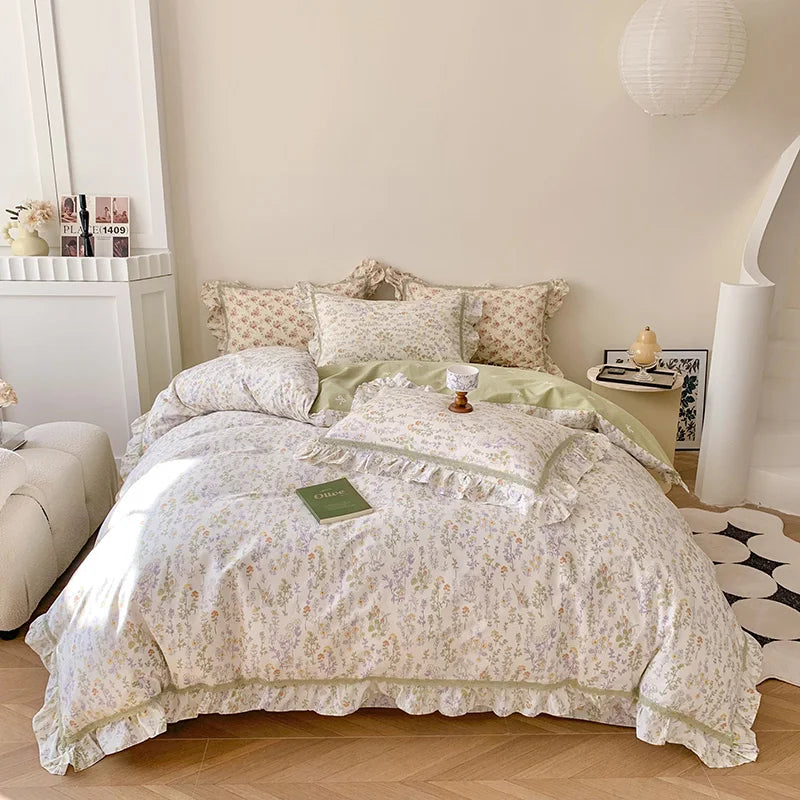 DecorBites™ French Floral Bedding Set, 100% Cotton, Ruffles, Duvet Cover, Bed Sheet, Pillowcases